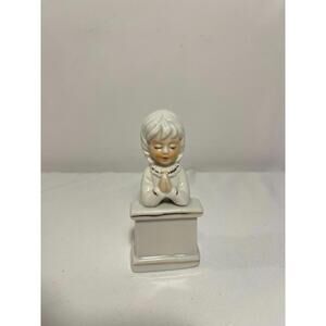 Praying Girl in Pew Figurine Ceramic Prayer Christian Figurine